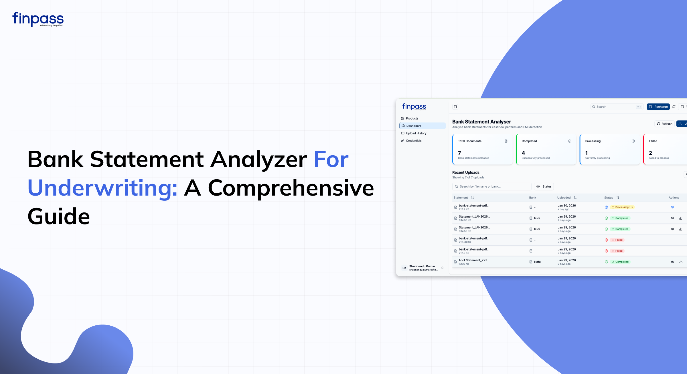 Finpass Bank Statement Analyzer dashboard showing automated underwriting insights